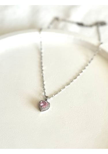 Demokan Zirkon Taş Yıldız Zincir Kalp Kararmaz Kolye Pembe