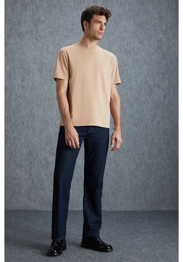 Solo Erkek %100 Organik Pamuklu Kalın Dokulu Comfort Fit Bisiklet Yakalı Bej T-shirt