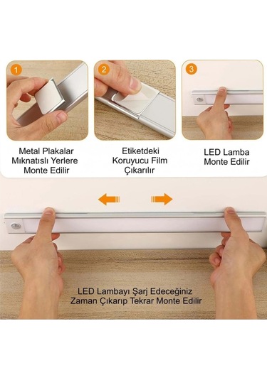 Shopytech 50 Cm Manyetik Şarjlı Led Dolap/tezgâh Altı Lamba Hareket Sensörlü 3 Renk Kısılabilir Usb Çok Renkli
