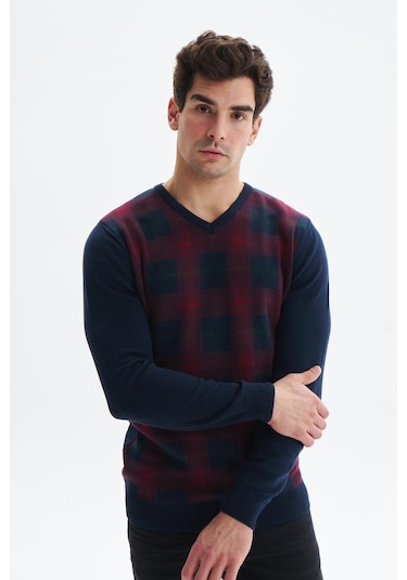 Arma Erkek Slim Fit Likralı Akrilik Kumaş V Yaka Kareli Kazak K0kro0860 Lacivert