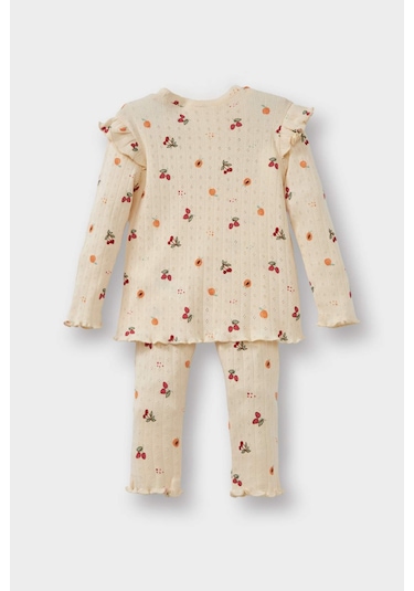 Defacto Kız Bebek Pijama Takımı Meyve Desenli Uzun Kollu Fitilli Kaşkorse Üst Uzun Alt G1524a525wnbg744 Bej