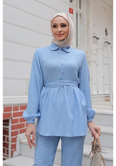 Taş Düğme Detaylı Takım Bebe Mavisi Bebemavisi Bebek Mavisi