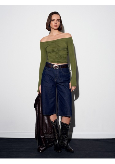 32089 Omuzları Açık Büzgülü Top-açık Haki Açık Haki