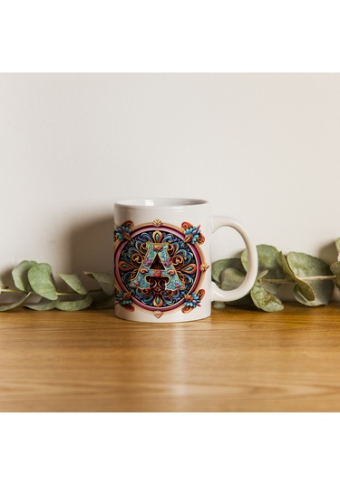 A Harfi Boho Bardak, Renkli Özel Tasarım Hediyelik Harfli Kupa, 330ml Porselen Beyaz