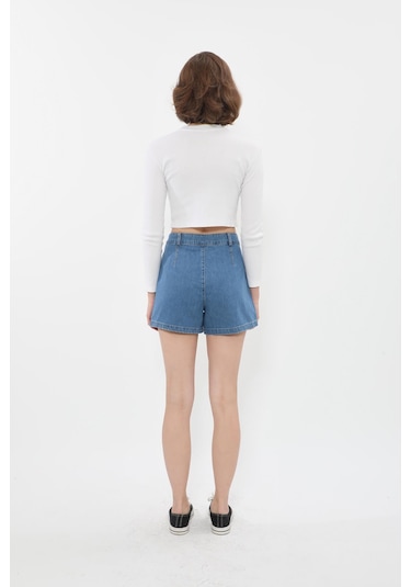Banny Jeans Kadın Yüksek Bel Cepli Mavi Jean Şort mavi