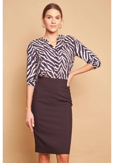 Astarlı Yüksek Bel Diz Altı Hafif Likralı Yırtmaçlı Kumaş Ofis Kalem Etek -siyah Siyah