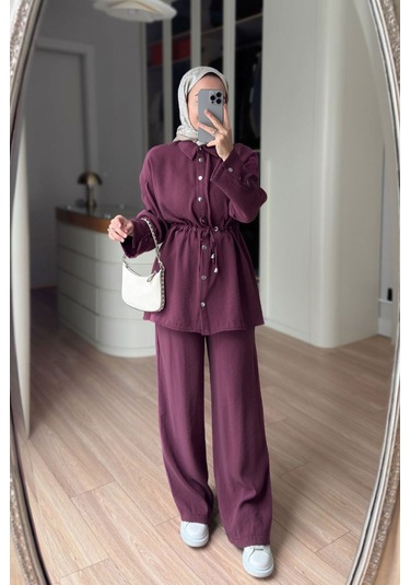 Ka Hijab Çıtçıt Detay Beli Büzgülü Takım - Mürdüm