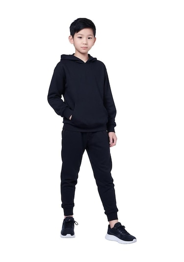 2'li Kanguru Cepli Kapüşonlu Düz Baskısız Erkek Çocuk Eşofman Takımı Siyah - Gri