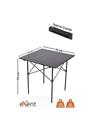 Exent Full-Alüminyum Yanmaz- Kırılmaz Hafif Kamp-Piknik Masası 70 CM Siyah