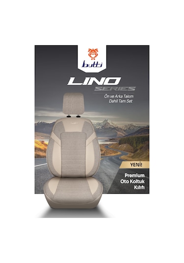 Bej - Bej Butti Lino Serisi Keten Kumaş Premium Oto Koltuk Kılıfı Ortopedik Destekli, Ön Arka Tam Set
