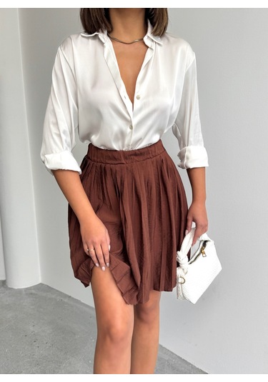 Kadın Modal Dokulu Piliseli Şortlu Mini Etek Kahverengi