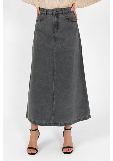 Yüksek Bel A Kesim Denim Etek Gri