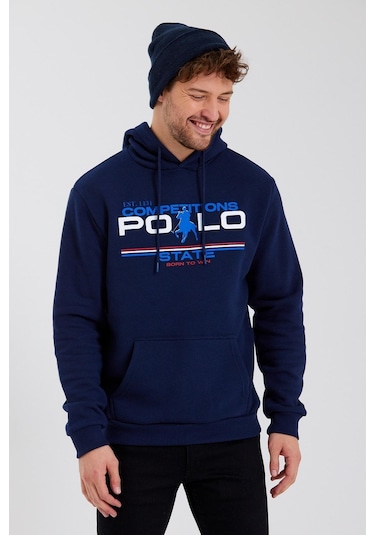 Polostate Erkek Kapüşonlu Baskılı 3 İplik Sweatshirt Lacivert