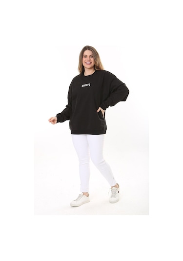 Kadın Büyük Beden Siyah Pamuk Kumaş Nakış Yazılı Sweatshirt 65n37616-siyah Siyah
