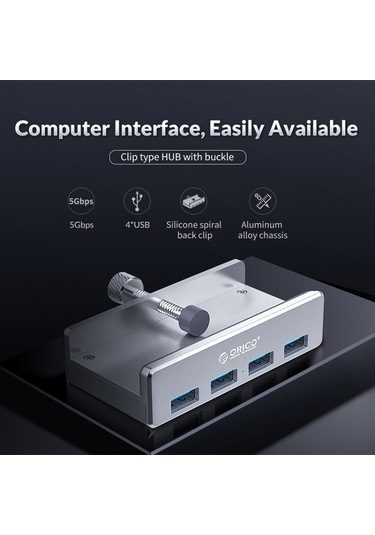 Orıco Mh4pu-p Alüminyum Alaşım 4 Bağlantı Noktası Usb3.0 Klip Tipi Hub Gümüş , Boyut:mh4pu-p Gümüş