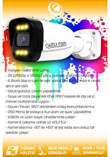 Elitcam 1 Ultra Kamera Bulet Dış Mekan 5 MP 2K Net Renkli Gece Görüşlü Warmled Kameralı AHD Güvenlik Kamerası