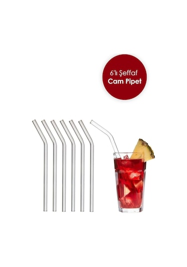6 Adet Şeffaf Cam Eğimli Pipet - Cam Pipet 6'lı