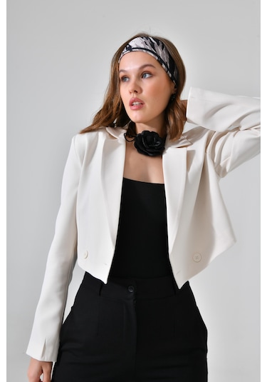 Ekru Kruvaze Crop Blazer Ceket Ekru