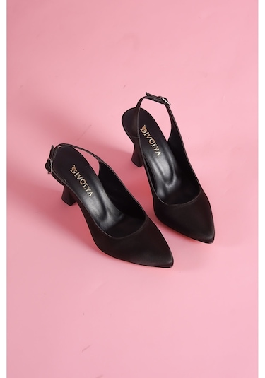 Rozalinda Siyah Saten Önü Sivri Günlük Kullanım Topuklu Ayakkabı Siyah