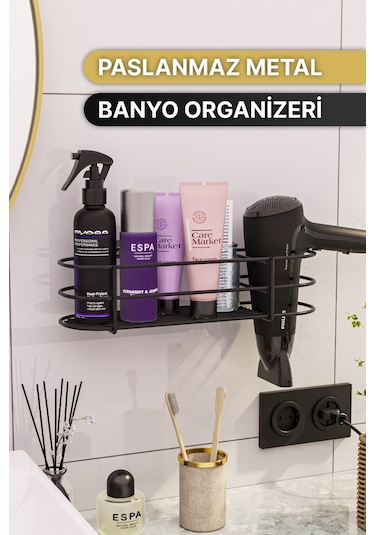 Bino Yapışkanlı Saç Kurutma Makinesi Banyo Düzenleyici Organizer Raf Siyah