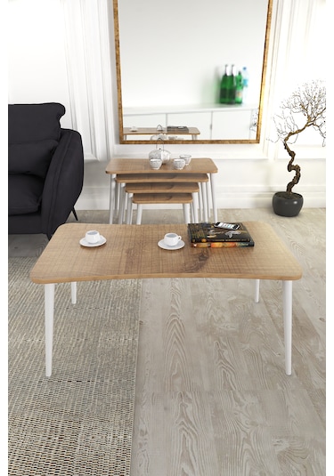 Milas 5li Orta Sehpa Ve Zigon Sehpa Ceviz Ahşap Ayaklı Sehpa