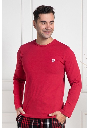 Mecit 3080 Kırmızı Bisiklet Yaka Uzun Kollu Likralı Pamuk Erkek Tişört Kırmızı