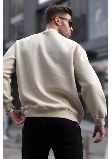 Madmext Bej Bisiklet Yaka Oversize Şardonlu Basic Erkek Sweatshirt 6048-bej Bej