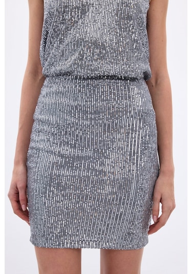 Sateen Payetli Mini Etek - Gri-136650 Gri