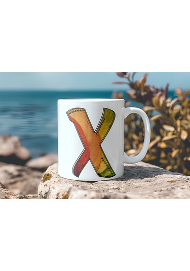 X Harf Yaprak Renkleri İle Kupa Bardak - Kişiye Özel Alfabe Harfli Bardak - Hediye Beyaz