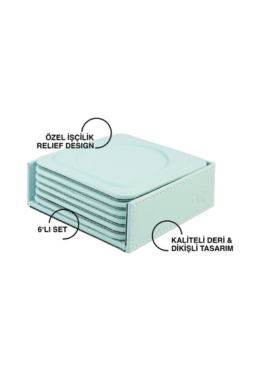 Bardak Altlığı,6 Lı Set,masaüstü Yuvarlak Cup Coaster,vegan Suni Deri,11x11 Cm.,su Yeşili Su Mavisi