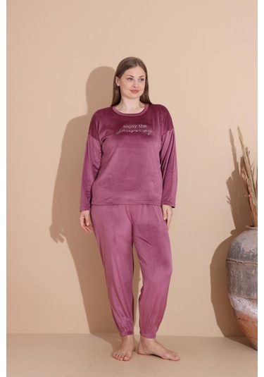 Boyraz Kadın Kışlık Fransız Kadife Büyük Beden Bisiklet Yaka Uzun Kol Pijama Takımı 03147 - 1 Adet Gülkurusu