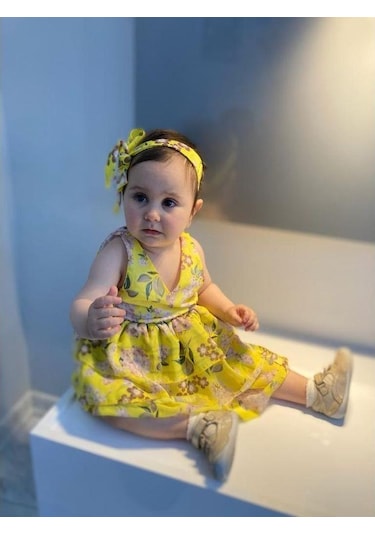 MODAVALS LİMON SARI KARDEŞ KOMBİN ÇİÇEKLİ KIZ ÇOCUK ELBİSE & BANDANA KOMBİN Sarı