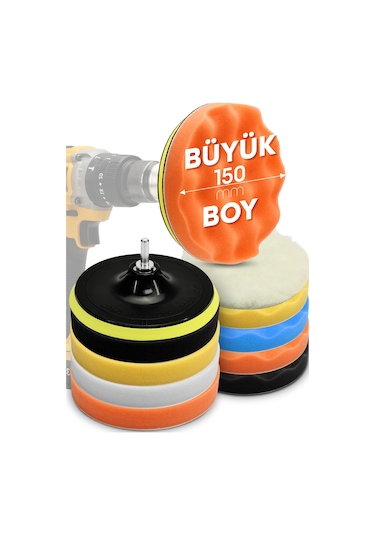 150mm 11 Parça Mega Boy Pasta Cila Elyaf Polisaj Süngeri Matkap Uyumlu Parlatma Seti