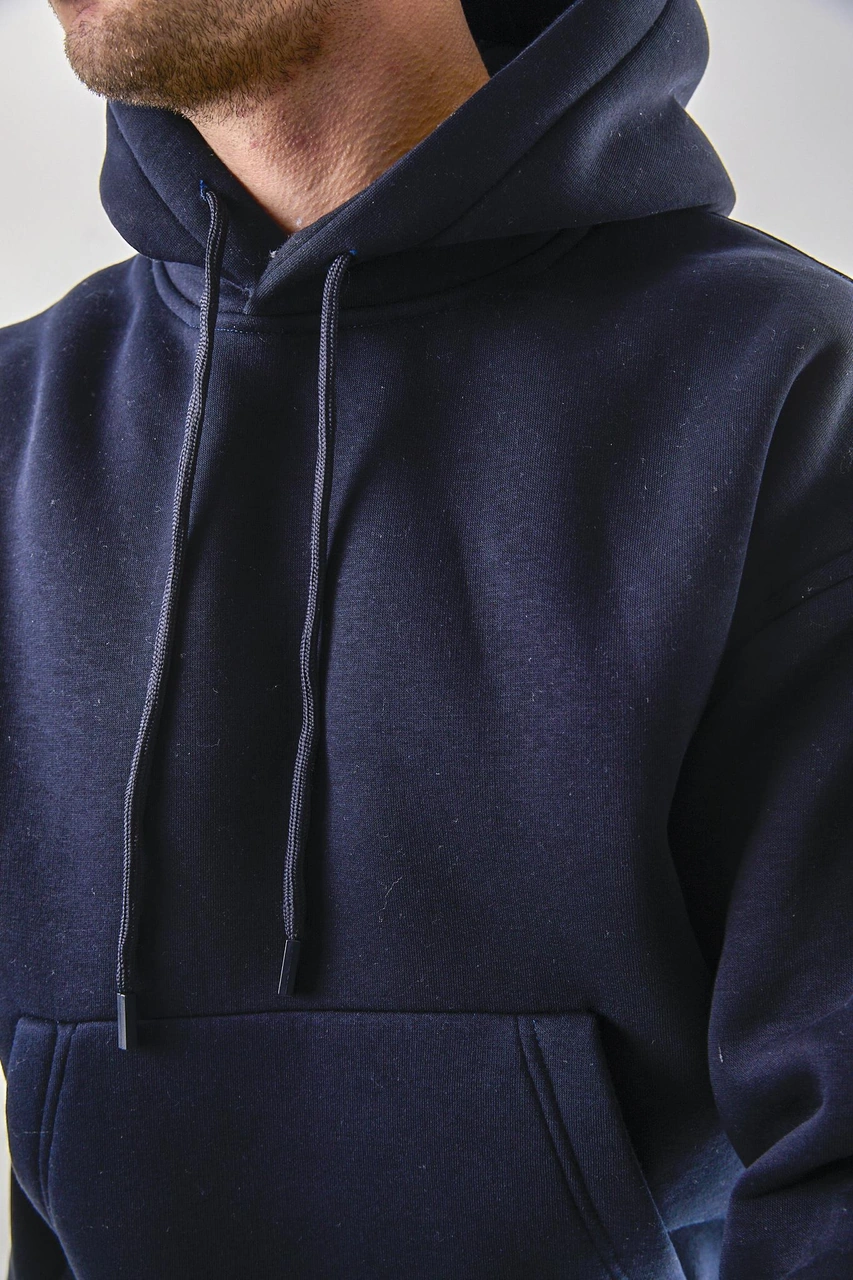 Q-4008 Kapüşonlu Üç İp Şardonlu Sweat Lacivert