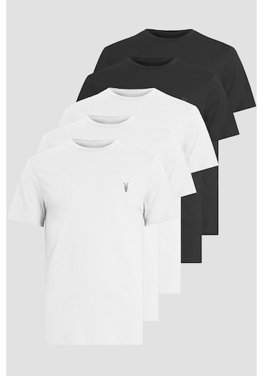 Kozik Standart Fit Bisiklet Yaka Erkek Tişört 5'li Beyaz - Siyah Siyah - Beyaz