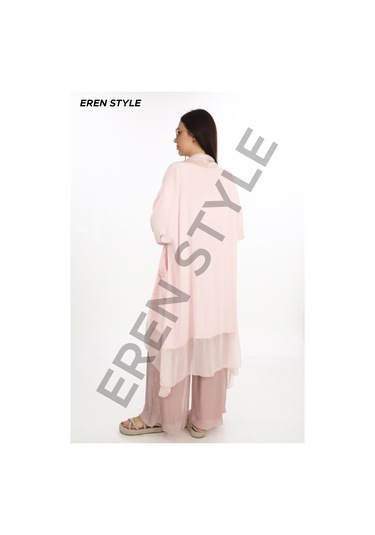 Italyan Ipek Detaylı Oversize Kaftan & Bluz-8711 Pudra
