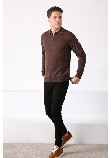Ferraro Kahve Polo Yaka Fermuarlı Erkek Pamuk Kazak Kahverengi