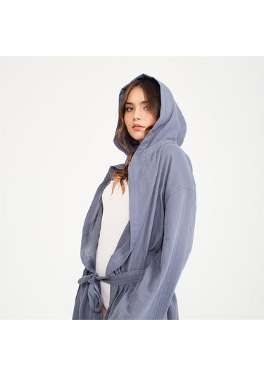 Unisex Kapüşonlu Uzun Müslin Bornoz-Antrasit