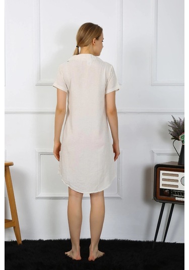 Giyim Kadın Pamuk Keten Kısa Kol Düğmeli Krem Tunik Gecelik Krem