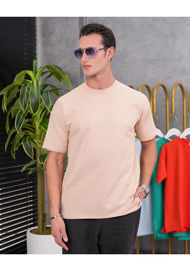 Modefendi Pamuk Likra Yırtmaç Detaylı 2 İplik Oversize Tshirt Krem