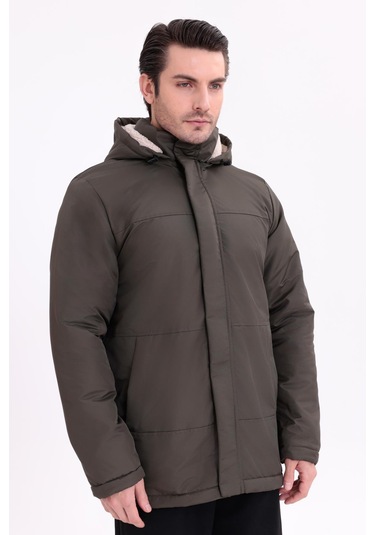 Erkek İçi Kürklü Çıkma Kapüşon Su Ve Rüzgar Geçirmez Kapüşonlu Kışlık Mont & Kaban & Parka Haki