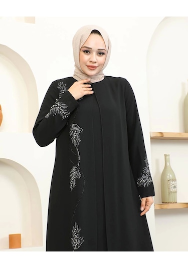 Büyük Beden Taş Detaylı Anne Elbisesi - Siyah / E0129 Siyah