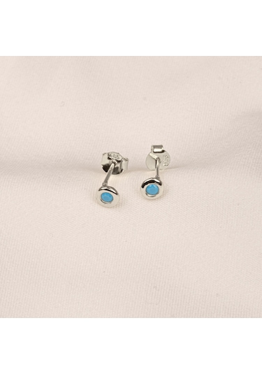 Altın Küpe - 14 Ayar Altın Minimal Firuze Turkuaz Taşlı Küpe Sarı