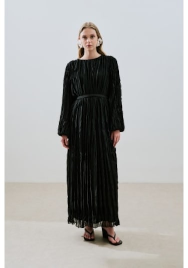 Piliseli Şifon Elbise Siyah Siyah