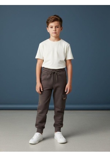 Zekids Erkek Çocuk Kargo Cepli Şardonlu Eşofman Alt-16659 Füme