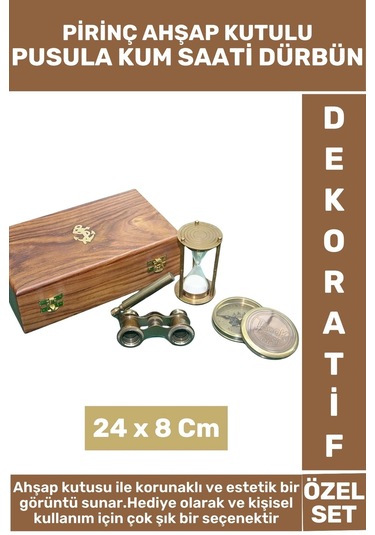 Yüksek Kaliteli Hediyelik Dekoratif Koleksiyon Ahşap Kutu Pirinç Pusula Dürbün Kum Saati Premium Set