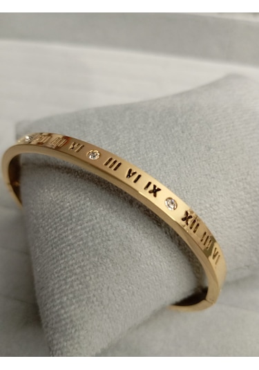 Romen Rakam Zirkon Taşlı Gold Renk Kelepçe Bileklik Gold