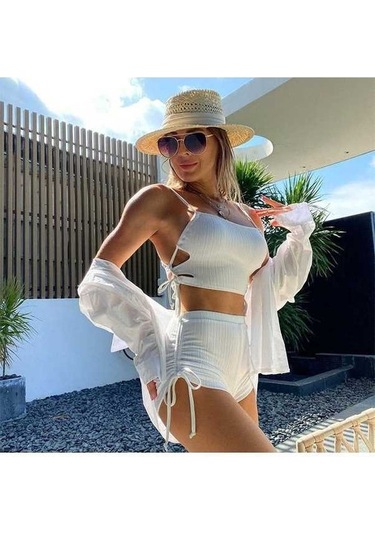 Yingfu Yüksek Bel Kadın Bikini Mayo Seti, Düz İplik İki Parça Yaz Plaj Giyimi, Beyaz Beyaz