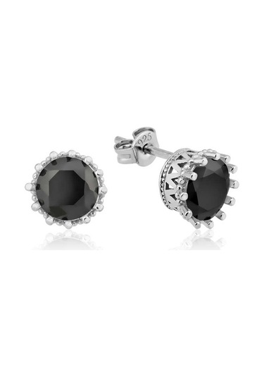 Gümüş Tırnaklı Siyah Tek Taş Küpe 14 MM-Gümüş
