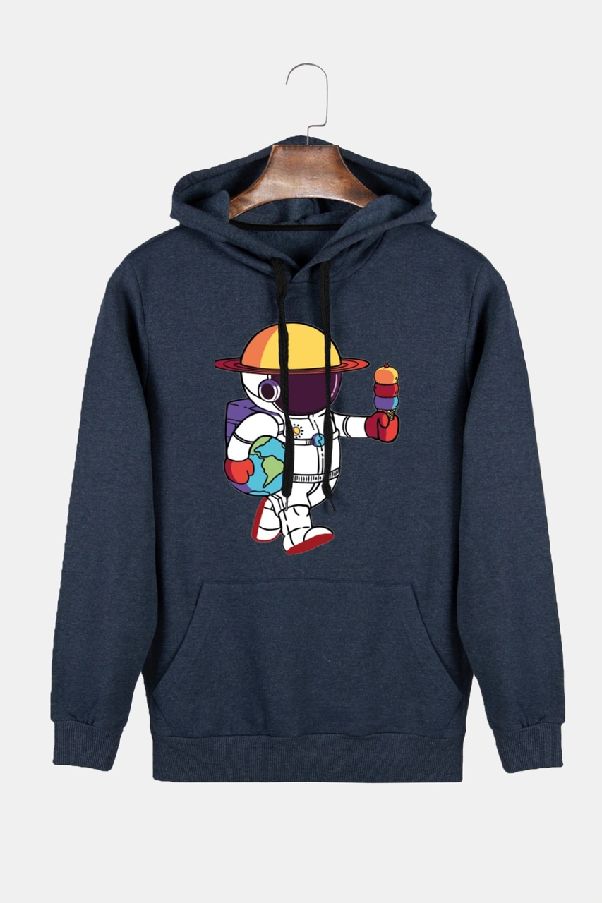 Veaven Unisex Indigo Kapüşonlu Astronot Baskılı Slim Fit Kanguru Cepli Sweatshirt İndigo